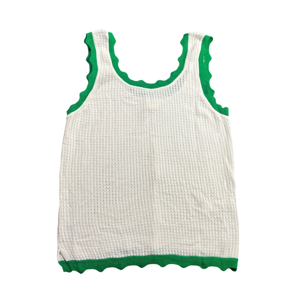 Fate Women's Medium White Green Scalloped Trim Waffle Knit Tank Top FW15543